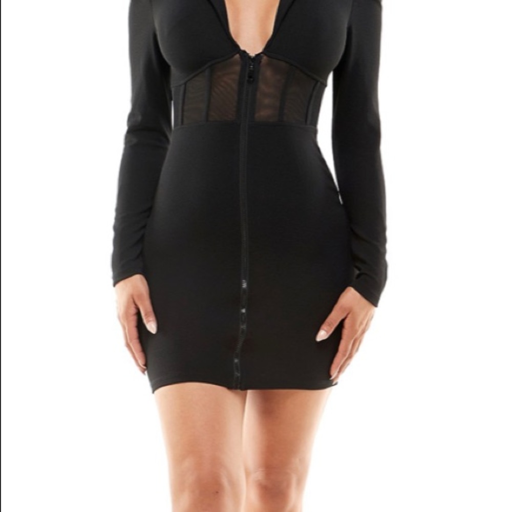 Almost famous black puff sleeve zip-front bodycon dress sz S